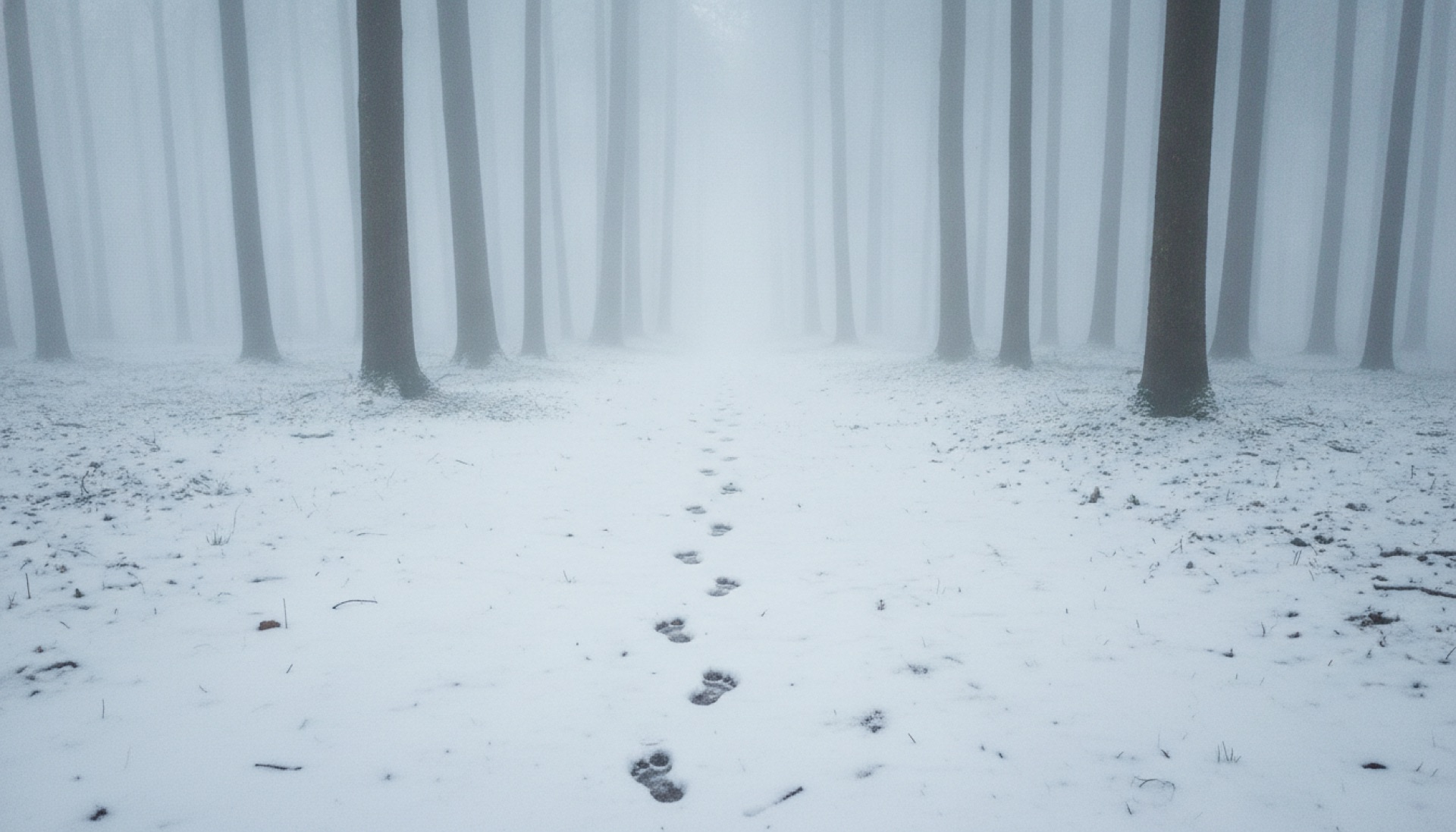 Footprints in fresh snow leading into a foggy forest, fading after a few steps.
